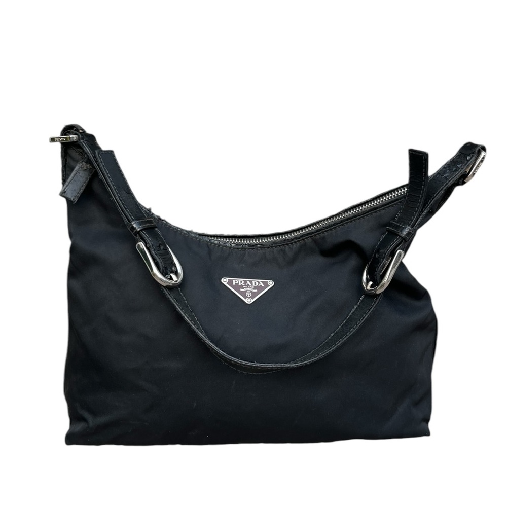 Vintage Prada Black Nylon Shoulder Bag Logo Brown Y2K Leather Trim USED